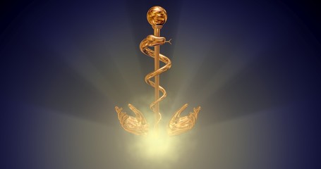 Rod, staff off Asclepius. End of Life care with medical symbol and open hands, energy orb, glow and light rays, smoke emanating outwards. 3d render