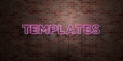 Poster - TEMPLATES - fluorescent Neon tube Sign on brickwork - Front view - 3D rendered royalty free stock picture. Can be used for online banner ads and direct mailers..