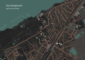 Illustration of an fictional district plan. Quarter residential low-rise buildings on the banks of the river. Vector illustration in dark tones