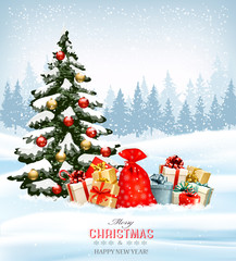 Fototapete - Holiday Christmas background with a sack full of gift boxes and