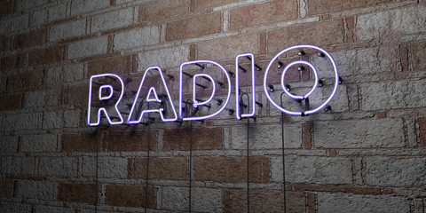 Poster - RADIO - Glowing Neon Sign on stonework wall - 3D rendered royalty free stock illustration.  Can be used for online banner ads and direct mailers..
