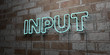INPUT - Glowing Neon Sign on stonework wall - 3D rendered royalty free stock illustration.  Can be used for online banner ads and direct mailers..