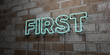 FIRST - Glowing Neon Sign on stonework wall - 3D rendered royalty free stock illustration.  Can be used for online banner ads and direct mailers..