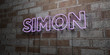 SIMON - Glowing Neon Sign on stonework wall - 3D rendered royalty free stock illustration.  Can be used for online banner ads and direct mailers..