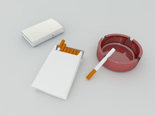 3D Render Of A White Pack Of Cigarettes, Silver Lighter And Red Glass Ashtray