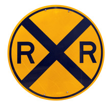 Black And Orange Circular Railroad Crossing Sign. Isolated