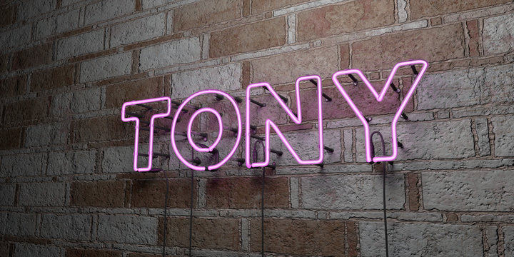 TONY - Glowing Neon Sign on stonework wall - 3D rendered royalty free stock illustration.  Can be used for online banner ads and direct mailers..