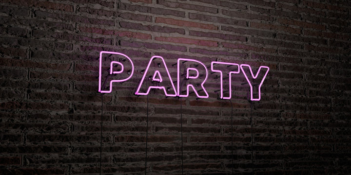 PARTY -Realistic Neon Sign on Brick Wall background - 3D rendered royalty free stock image. Can be used for online banner ads and direct mailers..