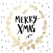 Merry Xmas lettering in gold wreath of fir and cones on the white background. Design for the poster, greeting card, tee shirt. Vector hand drawn illustration. Winter holidays.
