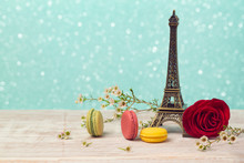 Romantic Background With Macarons And Eiffel Tower. Valentine's Day Concept