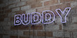 BUDDY - Glowing Neon Sign on stonework wall - 3D rendered royalty free stock illustration.  Can be used for online banner ads and direct mailers..