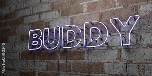 Fotografía BUDDY - Glowing Neon Sign on stonework wall - 3D rendered royalty free stock illustration