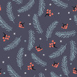 Red berries and spruce branches on the black background with snowflakes. Vector seamless pattern. Winter xmas illustration.