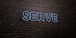 SERVE -Realistic Neon Sign on Brick Wall background - 3D rendered royalty free stock image. Can be used for online banner ads and direct mailers..