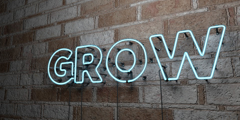 Wall Mural - GROW - Glowing Neon Sign on stonework wall - 3D rendered royalty free stock illustration.  Can be used for online banner ads and direct mailers..