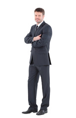 Full body portrait of happy smiling business man, isolated on white background