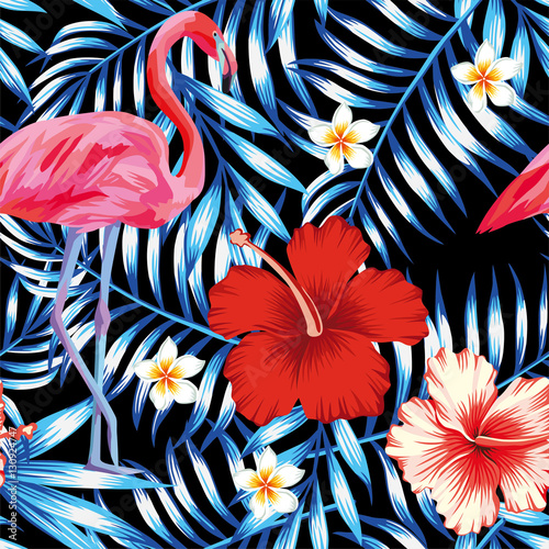 Materiał do szycia Hibiscus flamingo plumeria palmowy pozostawia niebieski wzór