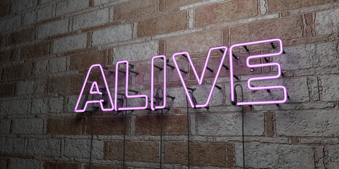 ALIVE - Glowing Neon Sign on stonework wall - 3D rendered royalty free stock illustration.  Can be used for online banner ads and direct mailers..