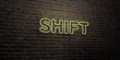SHIFT -Realistic Neon Sign on Brick Wall background - 3D rendered royalty free stock image. Can be used for online banner ads and direct mailers..