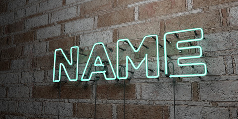Poster - NAME - Glowing Neon Sign on stonework wall - 3D rendered royalty free stock illustration.  Can be used for online banner ads and direct mailers..