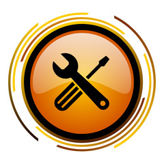 Poster - Tools sign vector icon. Modern design round orange button isolated on white square background for web and application designers in eps10. 