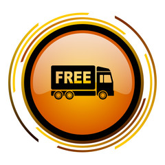 Fototapete - Free delivery truck sign vector icon. Modern design round orange button isolated on white square background for web and application designers in eps10. 