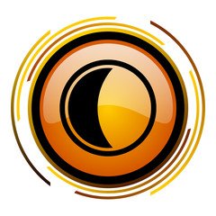 Poster - Moon sign vector icon. Modern design round orange button isolated on white square background for web and application designers in eps10. 