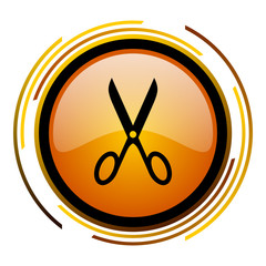 Aufkleber - Cut sign vector icon. Modern design round orange button isolated on white square background for web and application designers in eps10. 