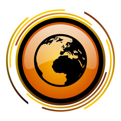Poster - Planet earth sign vector icon. Modern design round orange button isolated on white square background for web and application designers in eps10.