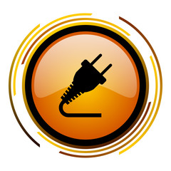 Poster - Electric plug sign vector icon. Modern design round orange button isolated on white square background for web and application designers in eps10.