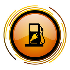 Aufkleber - Hybrid fuel sign vector icon. Modern design round orange button isolated on white square background for web and application designers in eps10.