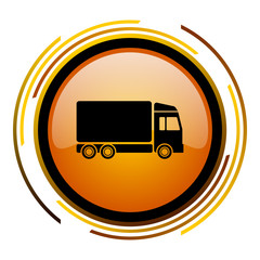 Fototapete - Delivery truck sign vector icon. Modern design round orange button isolated on white square background for web and application designers in eps10.