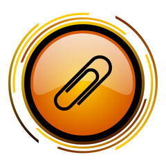 Aufkleber - Paper clip sign vector icon. Modern design round orange button isolated on white square background for web and application designers in eps10.