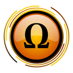 Aufkleber - Greek letter omega sign vector icon. Modern design round orange button isolated on white square background for web and application designers in eps10.