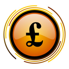 Poster - British pound sign vector icon. Modern design round orange button isolated on white square background for web and application designers in eps10.