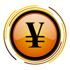 Poster - Japan yen sign vector icon. Modern design round orange button isolated on white square background for web and application designers in eps10.