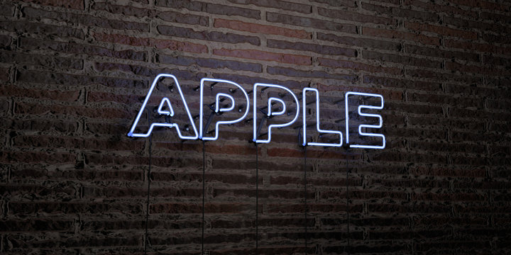 APPLE -Realistic Neon Sign on Brick Wall background - 3D rendered royalty free stock image. Can be used for online banner ads and direct mailers..
