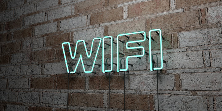 WIFI - Glowing Neon Sign on stonework wall - 3D rendered royalty free stock illustration.  Can be used for online banner ads and direct mailers..