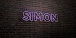 SIMON -Realistic Neon Sign on Brick Wall background - 3D rendered royalty free stock image. Can be used for online banner ads and direct mailers..