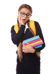 Poster - Teenage girl with backpack holding books on white background