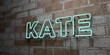 KATE - Glowing Neon Sign on stonework wall - 3D rendered royalty free stock illustration.  Can be used for online banner ads and direct mailers..