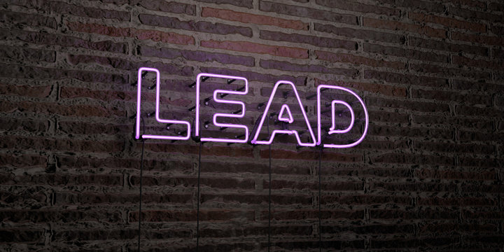 LEAD -Realistic Neon Sign on Brick Wall background - 3D rendered royalty free stock image. Can be used for online banner ads and direct mailers..