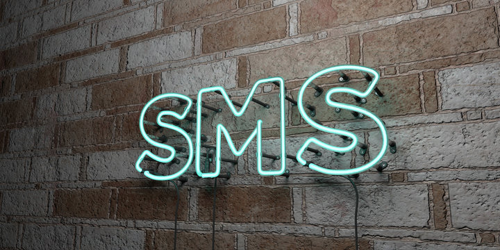 SMS - Glowing Neon Sign on stonework wall - 3D rendered royalty free stock illustration.  Can be used for online banner ads and direct mailers..