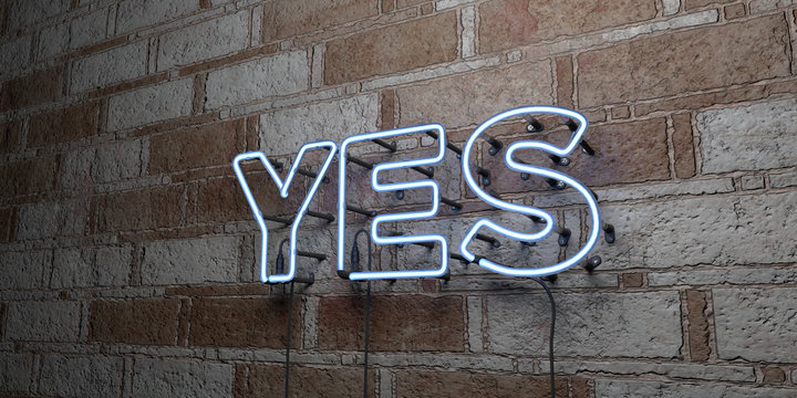 YES - Glowing Neon Sign on stonework wall - 3D rendered royalty free stock illustration.  Can be used for online banner ads and direct mailers..