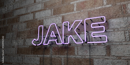 Fotomural JAKE - Glowing Neon Sign on stonework wall - 3D rendered royalty free stock illustration