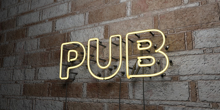 PUB - Glowing Neon Sign on stonework wall - 3D rendered royalty free stock illustration.  Can be used for online banner ads and direct mailers..