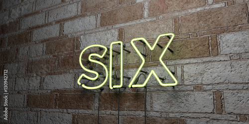 SIX - Glowing Neon Sign on stonework wall - 3D rendered royalty free stock illustration Poster