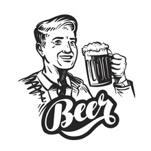 Beer Or Pub. Happy Smiling Man With Mug Of Fresh Ale. Vector Illustration