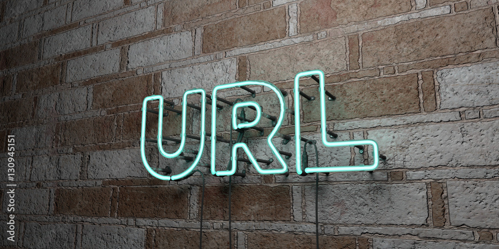 URL - Glowing Neon Sign on stonework wall - 3D rendered royalty free stock illustration.  Can be used for online banner ads and direct mailers.. - obrazy, fototapety, plakaty 