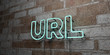 URL - Glowing Neon Sign on stonework wall - 3D rendered royalty free stock illustration.  Can be used for online banner ads and direct mailers..